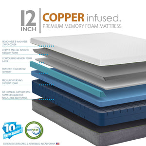 Adjustable Bed Frame and 12 Inch Copper Infused Cool Memory Foam Mattress - zzZensleep