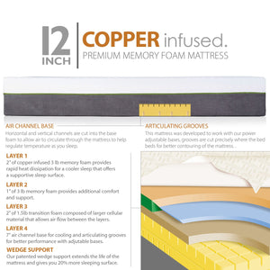 Adjustable Bed Frame and 12 Inch Copper Infused Cool Memory Foam Mattress - zzZensleep