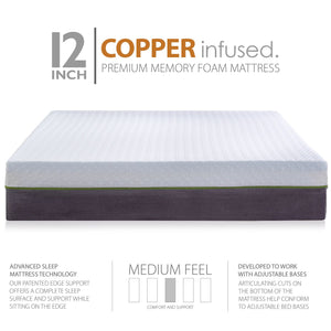 12" Copper Gel Infused - Split Head/Flex Top - Medium Firm - Premium Memory Foam Mattress - zzZensleep