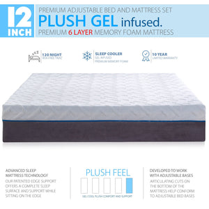 Premium Adjustable Bed Frame and 12 Inch Cool Gel Infused Memory Foam Mattress - zzZensleep
