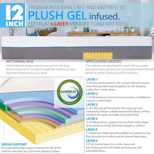 Premium Adjustable Bed Frame and 12 Inch Cool Gel Infused Memory Foam Mattress - zzZensleep