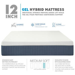 Premium Adjustable Bed Frame and 12 Inch Hybrid Cool Gel Infused Memory Foam Mattress - zzZensleep