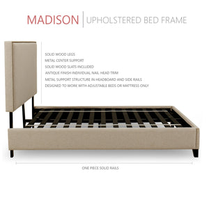 Madison Upholstered Platform Bed, 50" Tall Headboard - Beige Fabric - zzZensleep