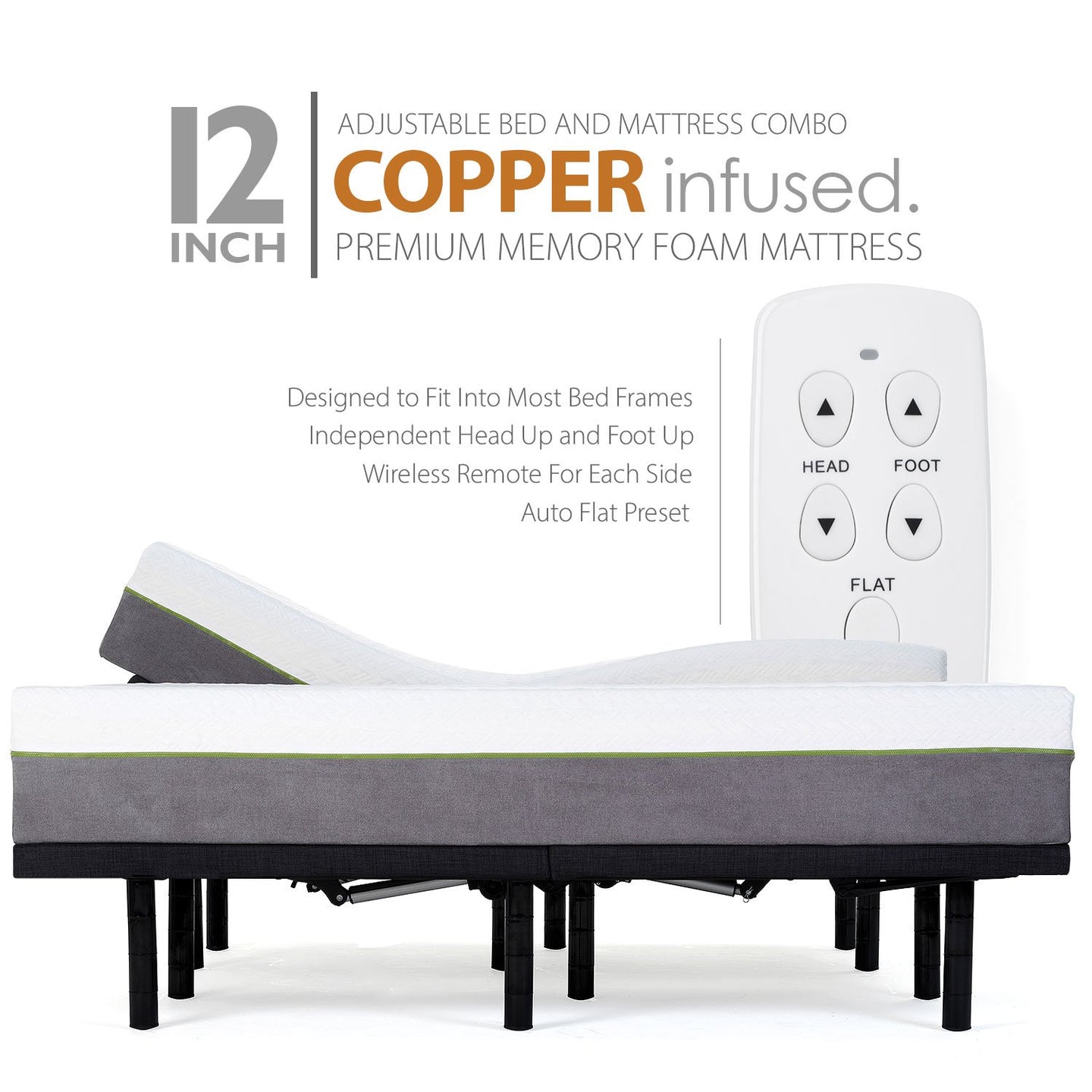 Adjustable Bed Frame and 12 Inch Copper Infused Cool Memory Foam Mattress - Medium Firm