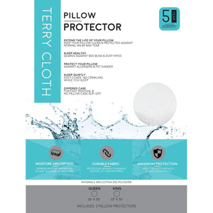 Soft Terry Cloth Pillow Protector - 100% Waterproof and Hypoallergenic Zipper Washable Cover - zzZensleep